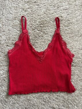 Red Ribbed Lace Trim Cami Tank Top